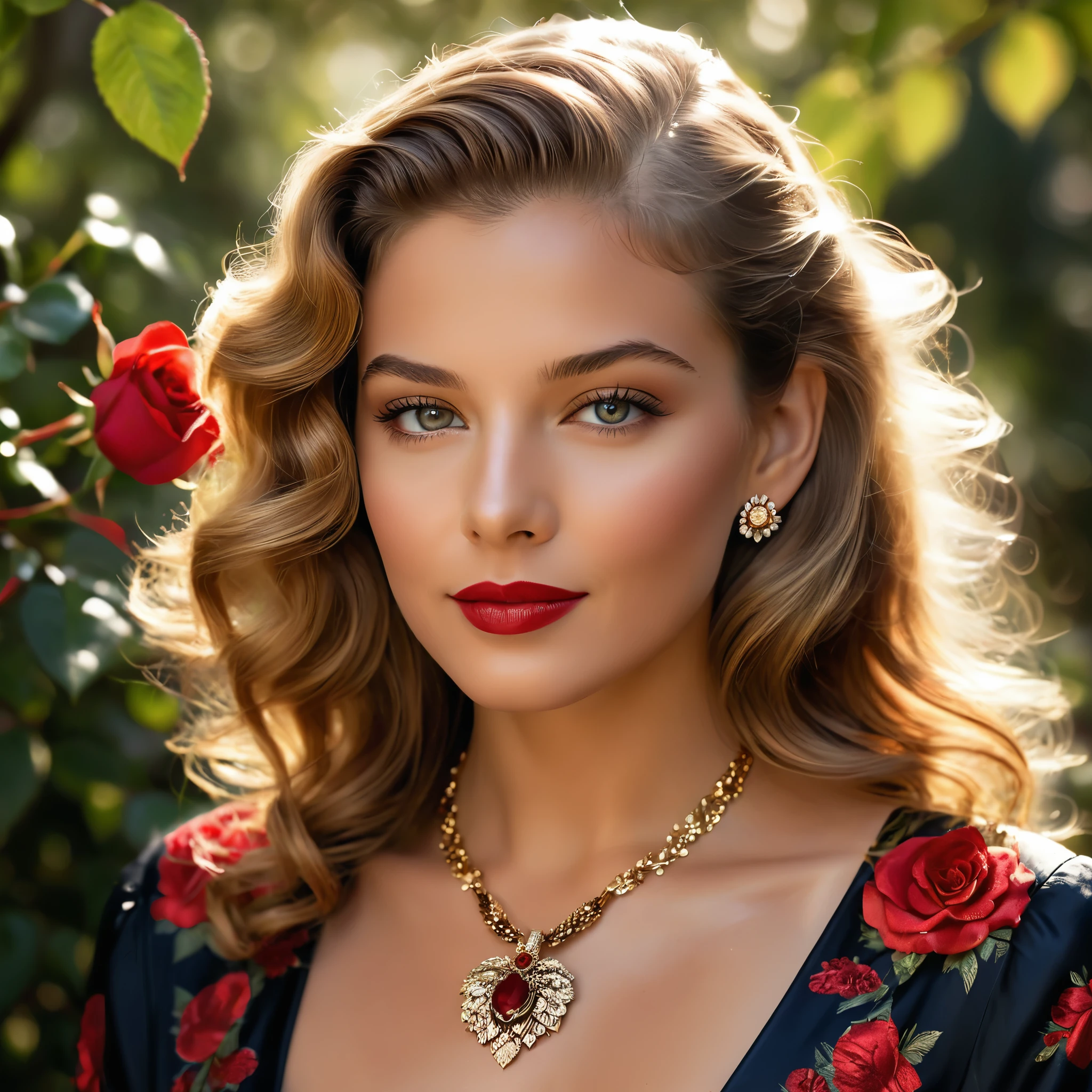 Create a highly detailed and realistic portrait of a young Lauren Bacall with long, wavy brown hair adorned with red roses. She has striking, expressive eyes and a calm, composed expression. She is wearing a vintage-style outfit with a necklace featuring a pendant. The background is a soft-focus natural setting with warm, dappled sunlight filtering through the leaves, enhancing the serene and romantic atmosphere. The style should be hyper-realistic with a touch of romanticism. Photo Realistic photo, vibrant colors, 16k