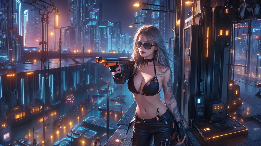 (((a medium-breast bikini slim GIRL with black (micro) sunglasses))), (((((aiming at viewer with a pistol))))), a balcony of a futuristic building, aerial view of an ultra-futuristic megalopolis, metal buildings and houses in dark colors from dark blue to black, shades of metal gray, smoky metal structures, industrial environment with smoke and fog around, dark cars on the streets, desert megalopolis, modern metal rails and trains passing through, tall futuristic metal buildings, ultra modern buildings, (((((futuristic harbour))))), realistic, detailed, sci-fi.