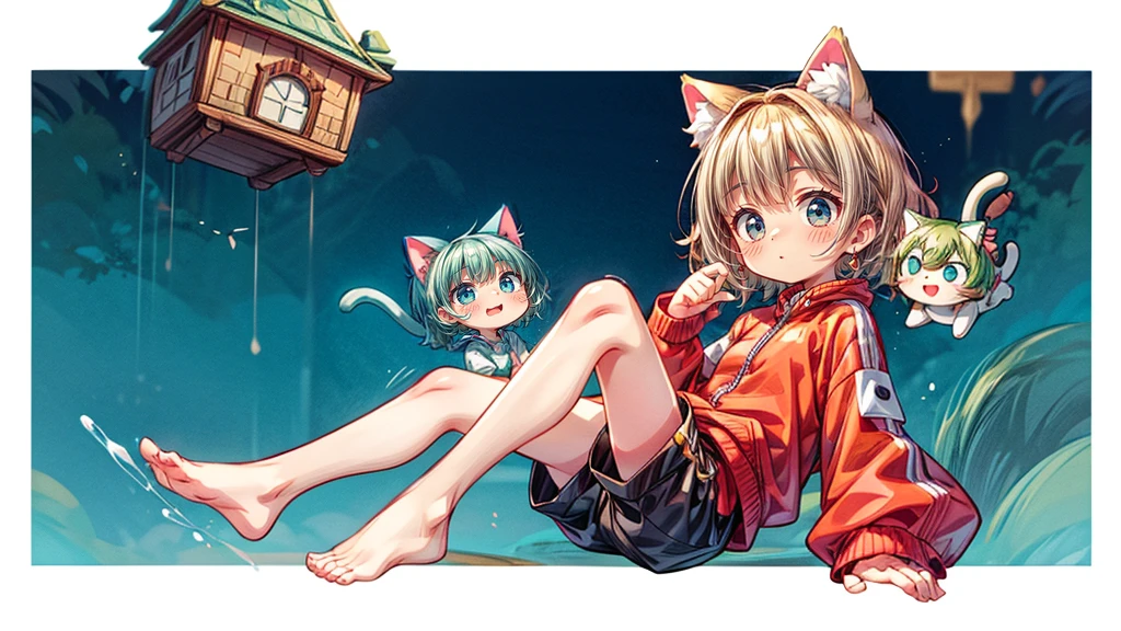 short hair、Cat ear、Flying Castle, Full of air,One girl、Big smile、Blonde Hair、short hair、Side hair is curled inward、Curly hair along the jawline、紺色のTracksuits_White line from shoulder to wrist、Black shorts、barefoot、Tracksuits、Turquoise Eyes