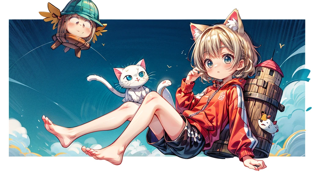 short hair、Cat ear、Flying Castle, Full of air,One girl、Big smile、Blonde Hair、short hair、Side hair is curled inward、Curly hair along the jawline、紺色のTracksuits_White line from shoulder to wrist、Black shorts、barefoot、Tracksuits、Turquoise Eyes