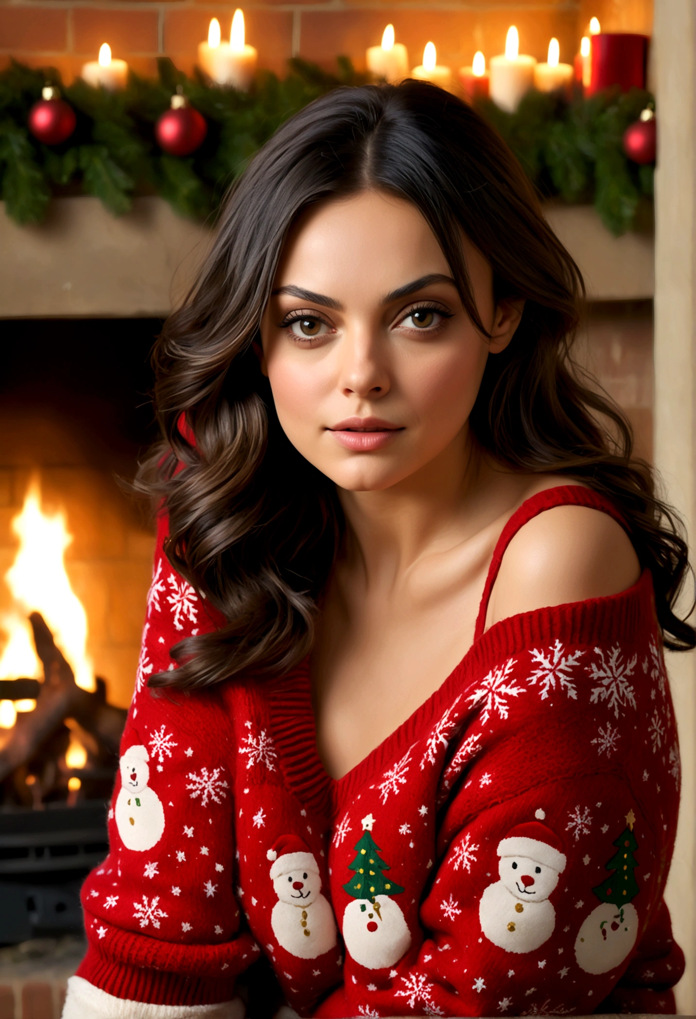 Mila Kunis a beautiful young woman (Mila Kunis, age 25), nude wearing only some Christmas themed body jewelry on silver chains, her intimate areas fully exposed and very detailed, playing with a very large Python by an old-fashioned fireplace with a roaring fire, spread legs her private areas fully exposed, Christmas scene (best quality, 4k, 8k, highres, masterpiece:1.2), ultra-detailed, (realistic, photorealistic, photo-realistic:1.37), HDR, UHD, studio lighting, ultra-fine painting, sharp focus, physically-based rendering, extreme detail description, professional, vivid colors, bokeh, portrait, figurative, intimate, sensual, cozy, Christmas, warm lighting, chiaroscuro (show her entire body, show all of her)