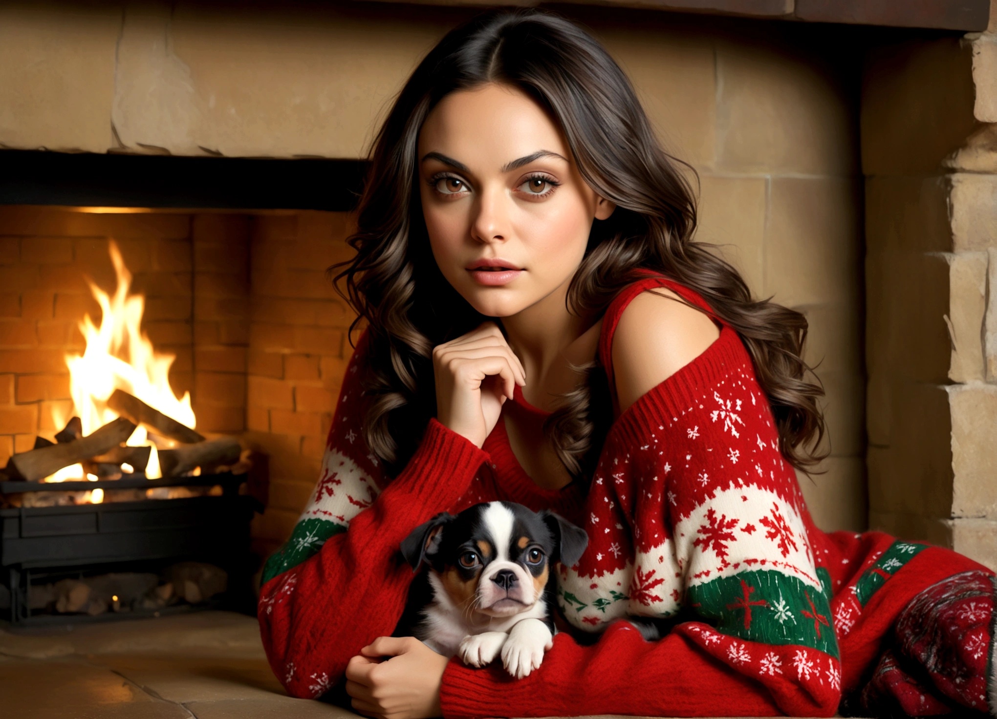 Mila Kunis a beautiful young woman (Mila Kunis, age 25), wearing an oversized frumpy Christmas sweater (shoulders exposed, deeply plunging neckline) , nude except for sweater, her intimate areas partially exposed and very detailed, sitting cross-legged by an old-fashioned fireplace with a roaring fire, playing with and petting a cute puppy, Christmas scene (best quality, 4k, 8k, highres, masterpiece:1.2), ultra-detailed, (realistic, photorealistic, photo-realistic:1.37), HDR, UHD, studio lighting, ultra-fine painting, sharp focus, physically-based rendering, extreme detail description, professional, vivid colors, bokeh, portrait, figurative, intimate, sensual, cozy, Christmas, warm lighting, chiaroscuro (show her entire body, show all of her)