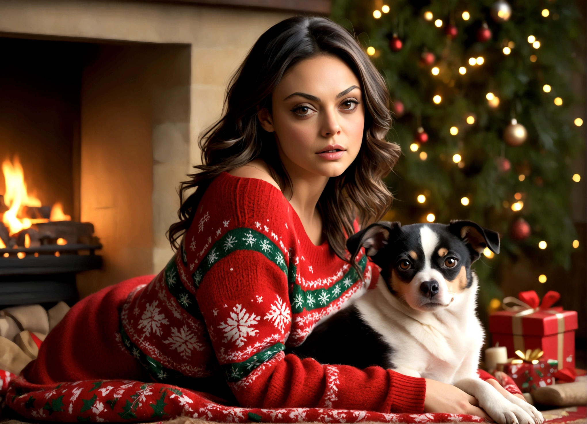 Mila Kunis a beautiful young woman (Mila Kunis, age 25), wearing an oversized frumpy Christmas sweater (shoulders exposed, deeply plunging neckline) , nude except for sweater, her intimate areas partially exposed and very detailed, sitting cross-legged by an old-fashioned fireplace with a roaring fire, playing with and petting a cute puppy, Christmas scene (best quality, 4k, 8k, highres, masterpiece:1.2), ultra-detailed, (realistic, photorealistic, photo-realistic:1.37), HDR, UHD, studio lighting, ultra-fine painting, sharp focus, physically-based rendering, extreme detail description, professional, vivid colors, bokeh, portrait, figurative, intimate, sensual, cozy, Christmas, warm lighting, chiaroscuro (show her entire body, show all of her)