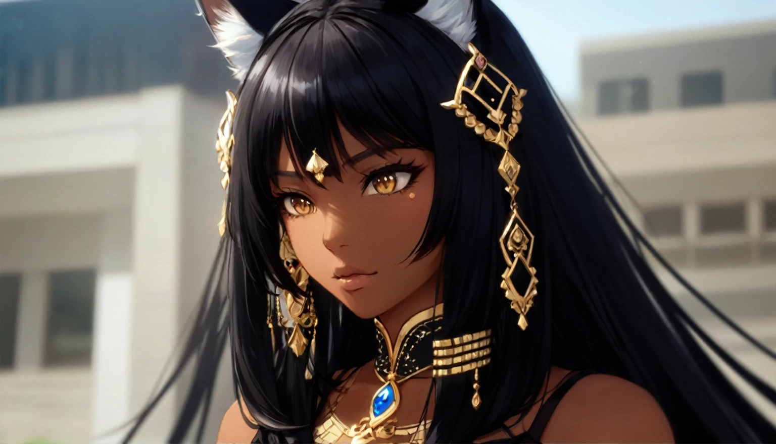In front of the building,长着黑色Long hair、Anime girl wearing gold jewelry, 美丽的动漫Cat女, detailed Digital Animation Art, Digital Animation Art, 非常漂亮的动漫Cat女孩, Anime style. 8K, 有Cat耳朵的动漫女孩, Artwork in the style of Guweiz, Anime style 4 k, artstation pixiv like artgerm, advanced Digital Animation Art,1 Girl,animal,animal耳朵,Cat,Cat耳朵,Dark skin tone的女性,Dark skin tone,clothing,earrings,Jackal ears,Jewelry,Long hair,,beautiful girl,Standing,Sexy pose,Blue Hair,skin,Keep your mouth shut,Wear,whole body,solo,Standing,Cat尾巴,埃及Cat女神, bet, 身穿金Cat铠甲, Cat女, Egyptian God, Neferibido, anime Cat女, Hieroglyphics, Hieroglyphicsics, Pharaoh, Cat女, 索拉是一只Cat, tabaxi, 来自虚空的Cat