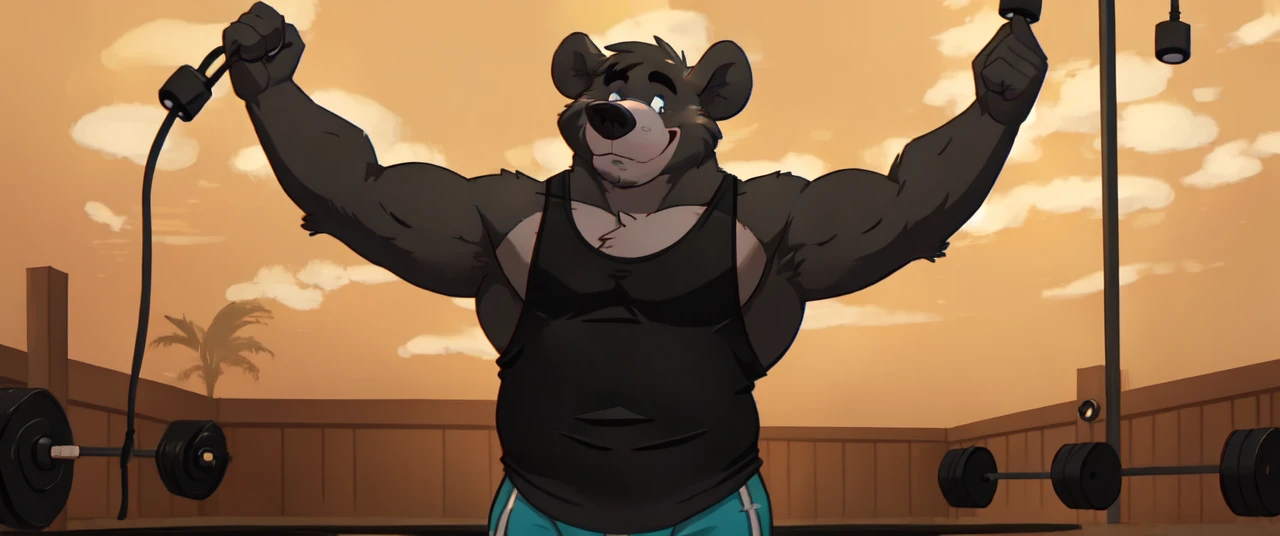 ((masterpiece, best quality)),solo, 1bear, solo, baloo, huge thick muscular, black gym shorts, black tank top, black eyes, furry, bear, no humans, gymnasium, cable crossover machine set, pulling the cables, super strong