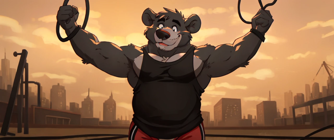 ((masterpiece, best quality)),solo, 1bear, solo, baloo, huge thick muscular, black gym shorts, black tank top, black eyes, furry, bear, no humans, gymnasium, cable crossover machine set, pulling the cables, super strong