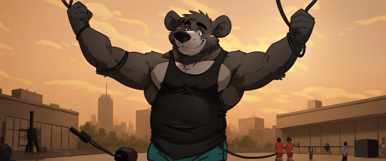 ((masterpiece, best quality)),solo, 1bear, solo, baloo, huge thick muscular, black gym shorts, black tank top, black eyes, furry, bear, no humans, gymnasium, cable crossover machine set, pulling the cables, super strong