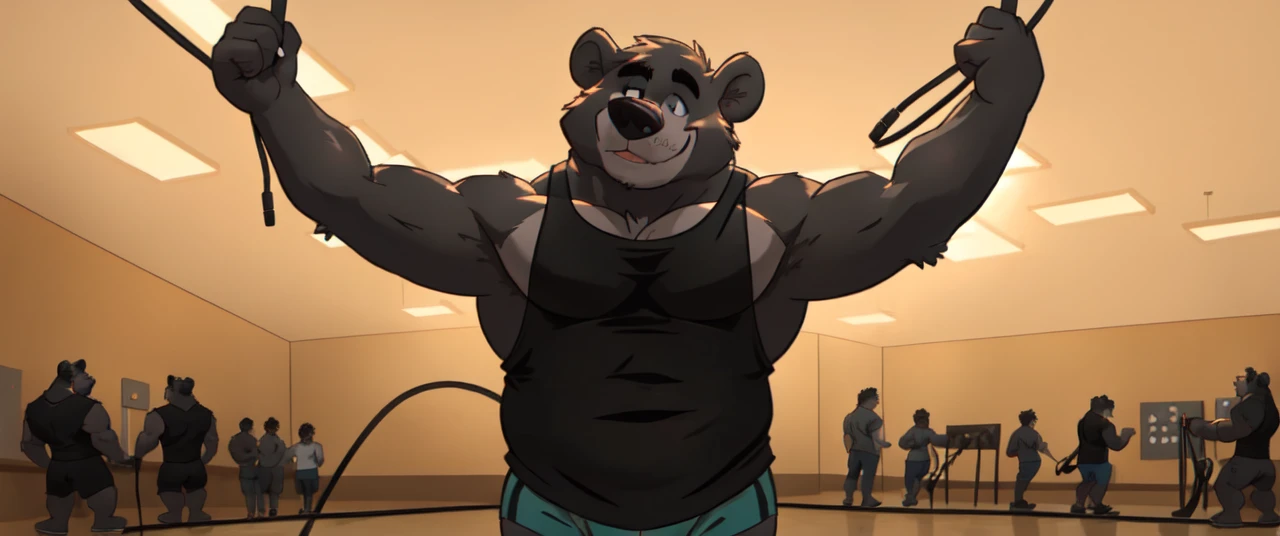 ((masterpiece, best quality)),solo, 1bear, solo, baloo, huge thick muscular, black gym shorts, black tank top, black eyes, furry, bear, no humans, gymnasium, cable crossover machine set, pulling the cables, super strong