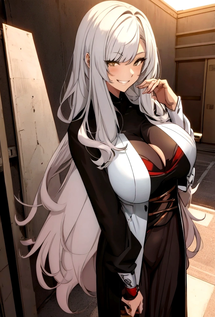 Anime girl long wolfcut hair, medium size breast,casual sexy outfit,hands on back,grinning