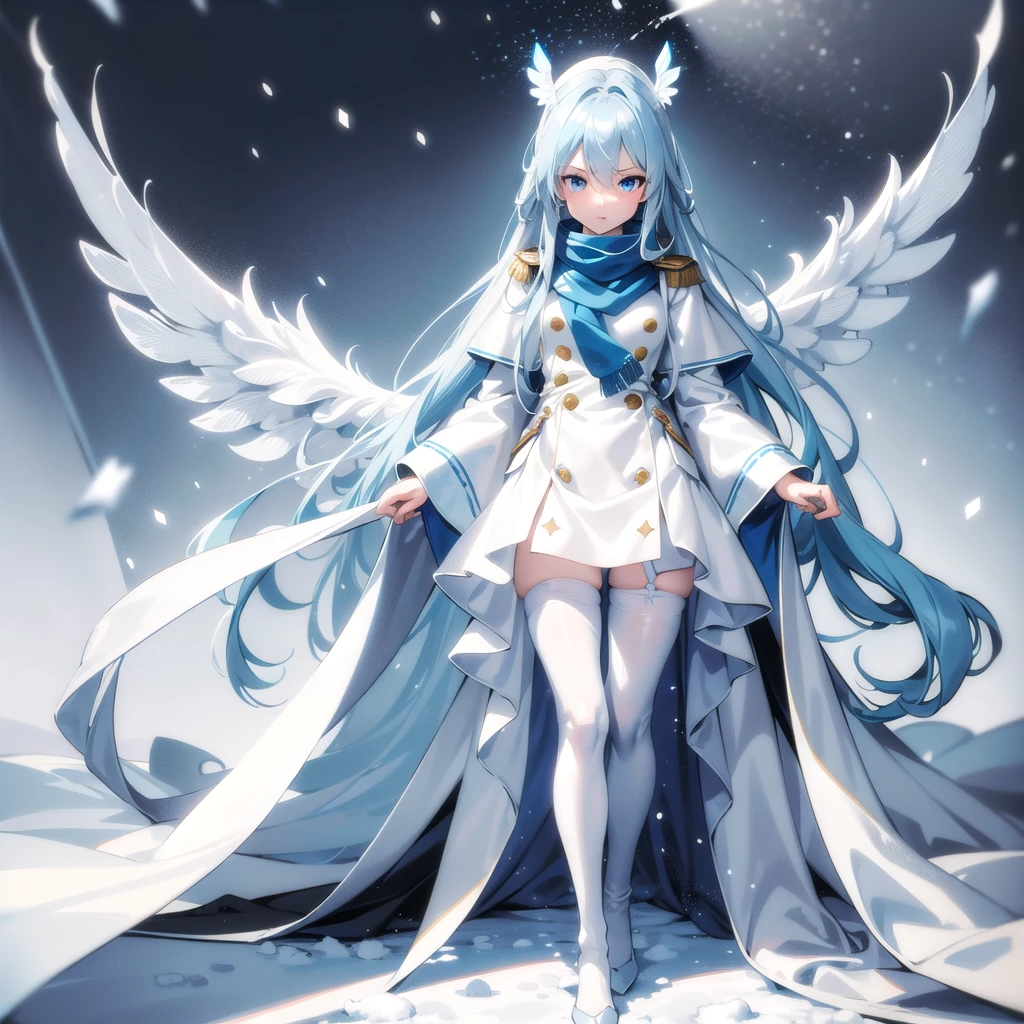 masterpiece, highest quality, highest resolution, clear_image, detailed details, light blue hair, long hair, one girl, light blue eyes, white pantyhose, black military clothing, light blue scarf, light blue wings (4 wings), cute, full body, no water marks, snow (falling snow)