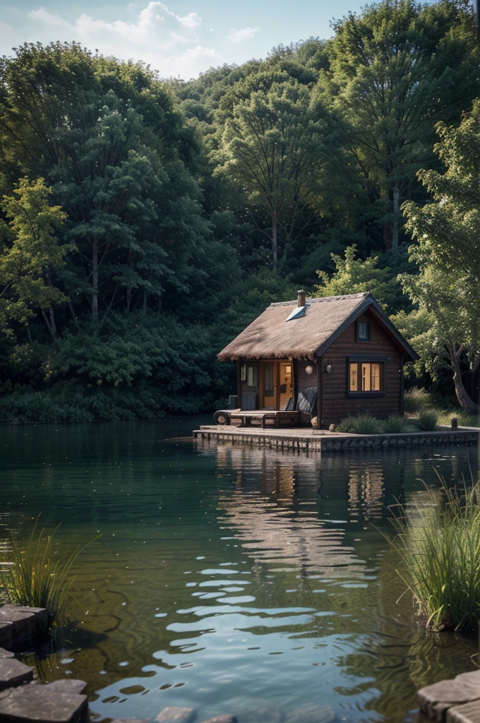 a modern small cottage near a lake, with a whirlpool, ultra hd, realistic, vivid colors, highly detailed, UHD drawing, pen and ink, perfect composition, beautiful detailed intricate insanely detailed octane render trending on artstation, 8k artistic photography, photorealistic concept art, soft natural volumetric cinematic perfect light 