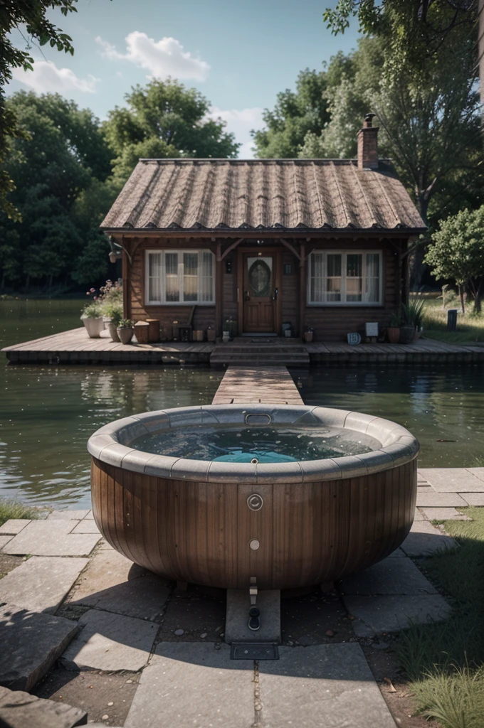 a modern small cottage near a lake, with a whirlpool, ultra hd, realistic, vivid colors, highly detailed, UHD drawing, pen and ink, perfect composition, beautiful detailed intricate insanely detailed octane render trending on artstation, 8k artistic photography, photorealistic concept art, soft natural volumetric cinematic perfect light