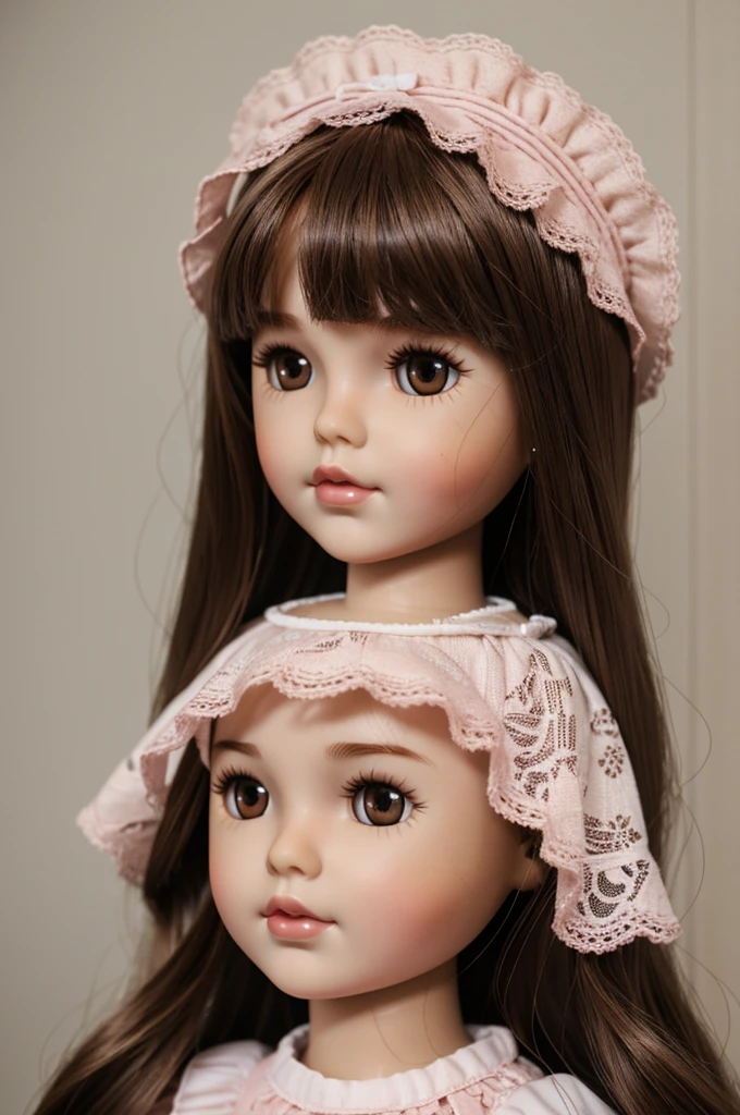 Brythell doll with brown hair , dark eyes , without border , pink lips , white.