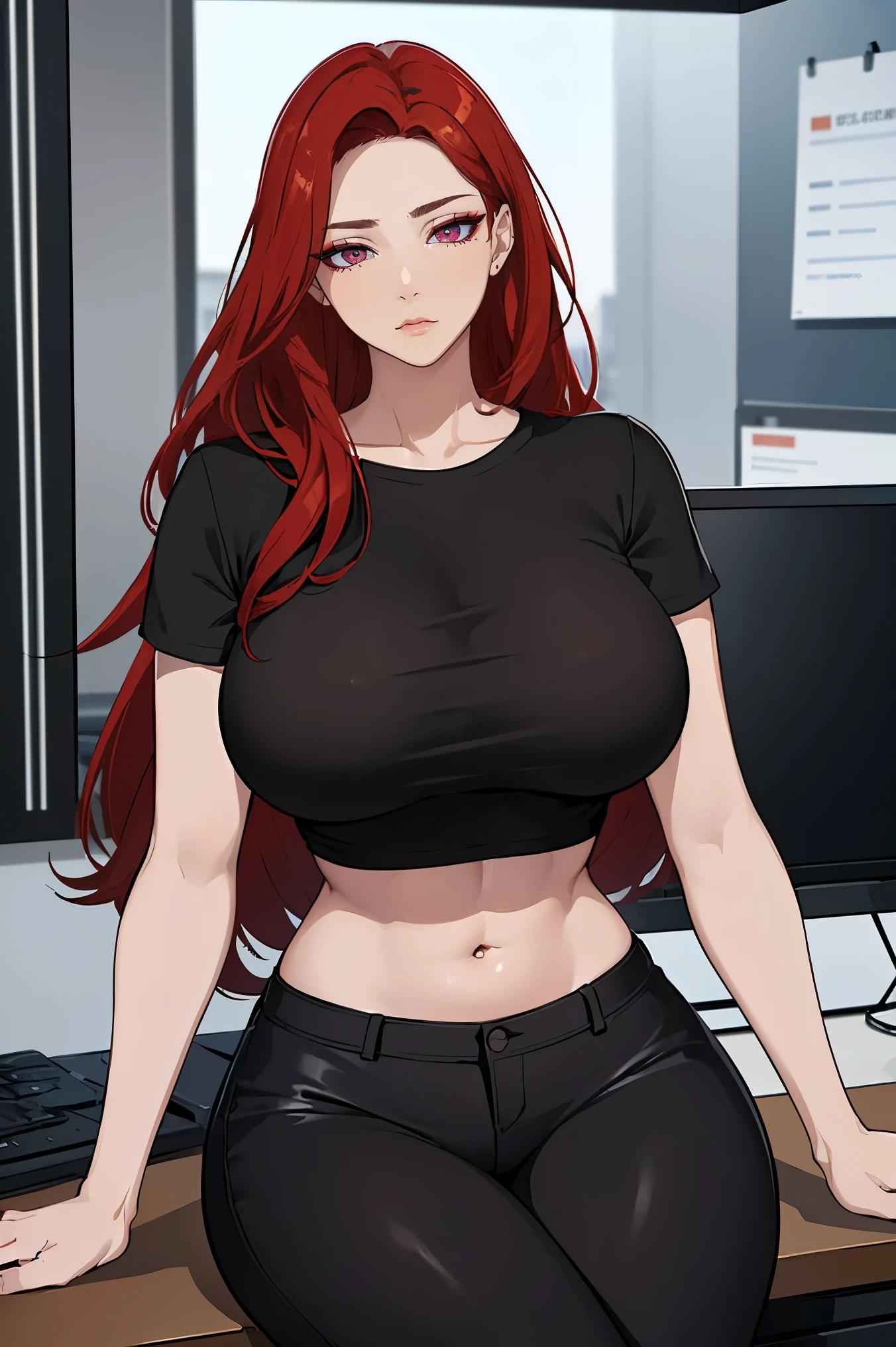 (Uhd, Masterpiece, Textured Skin, Super Detail, High Details, High Quality, Best Quality), Detailed Face, 1woman, mature pretty woman, Long red hair, (Black crop top shirt), (black pants), (Huge Body:1.5, tall), sitting on a chair behind a office table, (Low-sized breasts), (Office room)