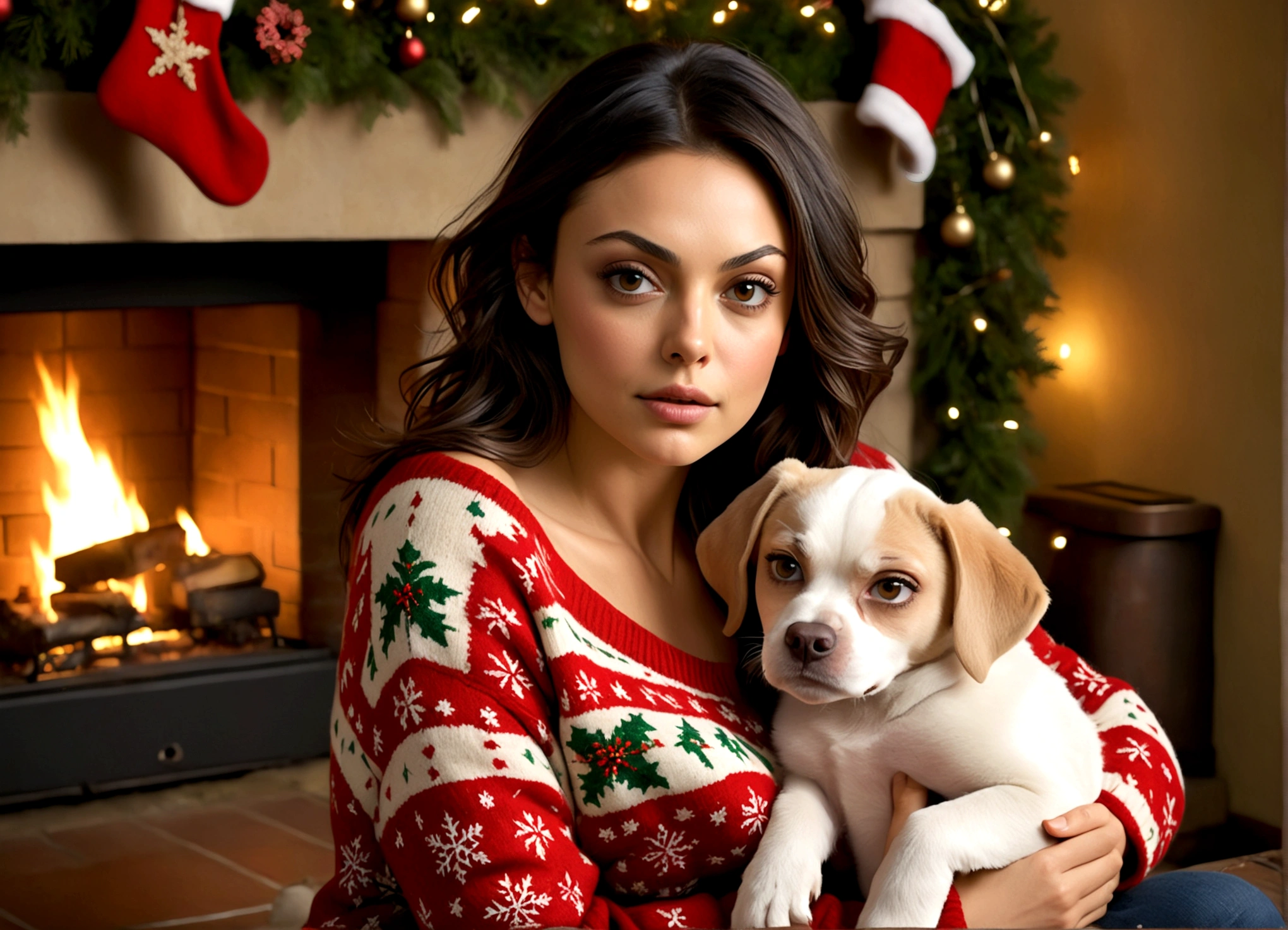 Mila Kunis a beautiful young woman (Mila Kunis, age 25), wearing an oversized frumpy Christmas sweater (shoulders exposed, deeply plunging neckline) , nude except for sweater, her intimate areas partially exposed and very detailed, sitting cross-legged by an old-fashioned fireplace with a roaring fire, playing with and petting a cute puppy, Christmas scene (best quality, 4k, 8k, highres, masterpiece:1.2), ultra-detailed, (realistic, photorealistic, photo-realistic:1.37), HDR, UHD, studio lighting, ultra-fine painting, sharp focus, physically-based rendering, extreme detail description, professional, vivid colors, bokeh, portrait, figurative, intimate, sensual, cozy, Christmas, warm lighting, chiaroscuro (show her entire body, show all of her)
