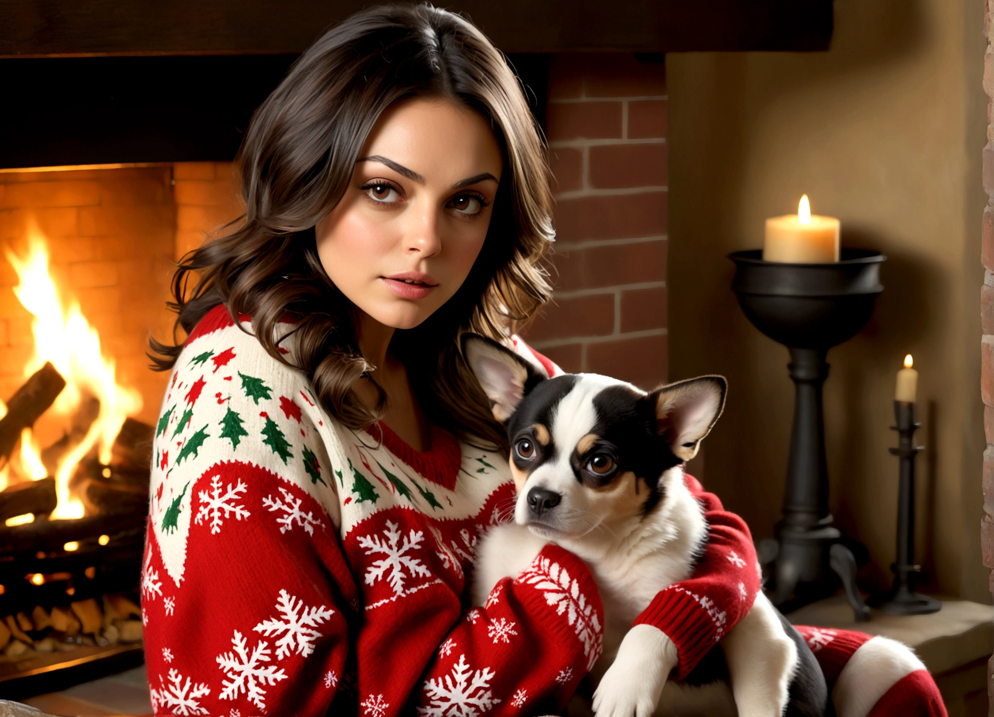 Mila Kunis a beautiful young woman (Mila Kunis, age 25), wearing an oversized frumpy Christmas sweater (shoulders exposed, deeply plunging neckline) , nude except for sweater, her intimate areas partially exposed and very detailed, sitting cross-legged by an old-fashioned fireplace with a roaring fire, playing with and petting a cute puppy, Christmas scene (best quality, 4k, 8k, highres, masterpiece:1.2), ultra-detailed, (realistic, photorealistic, photo-realistic:1.37), HDR, UHD, studio lighting, ultra-fine painting, sharp focus, physically-based rendering, extreme detail description, professional, vivid colors, bokeh, portrait, figurative, intimate, sensual, cozy, Christmas, warm lighting, chiaroscuro (show her entire body, show all of her)
