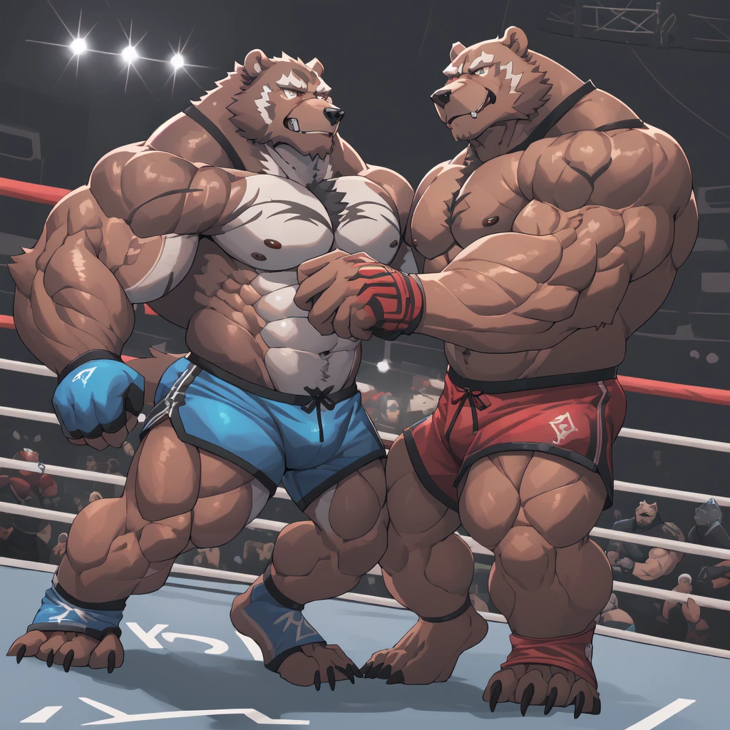 Huge muscular thick Grizzly Bear bodybuilder shirtless in blue MMA shorts, blue MMA gloves and blue foot wear, muscular Husky Dog bodybuilder shirtless in red MMA shorts, red MMA gloves and red foot wear, at the MMA tournament. MMA Grizzly bear vs MMA Huku challenger. Fighting match
