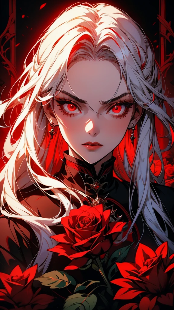 a close up of a woman with white hair and red roses in her hair, gothic maiden anime girl, with glowing red eyes, luminous red eyes, with red glowing eyes, guweiz, stunning anime face portrait, artwork in the style of guweiz, 1 7 - year - old anime goth girl, with red eyes, demon anime girl, blood red eyes