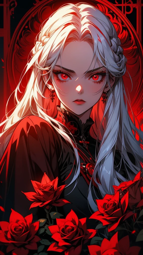 a close up of a woman with white hair and red roses in her hair, gothic maiden anime girl, with glowing red eyes, luminous red eyes, with red glowing eyes, guweiz, stunning anime face portrait, artwork in the style of guweiz, 1 7 - year - old anime goth girl, with red eyes, demon anime girl, blood red eyes