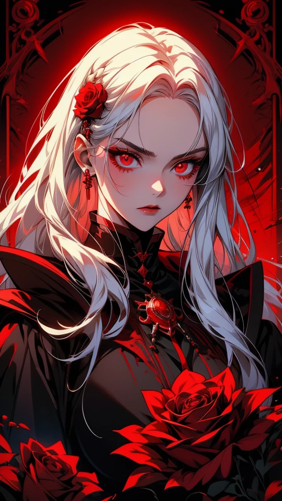 a close up of a woman with white hair and red roses in her hair, gothic maiden anime girl, with glowing red eyes, luminous red eyes, with red glowing eyes, guweiz, stunning anime face portrait, artwork in the style of guweiz, 1 7 - year - old anime goth girl, with red eyes, demon anime girl, blood red eyes