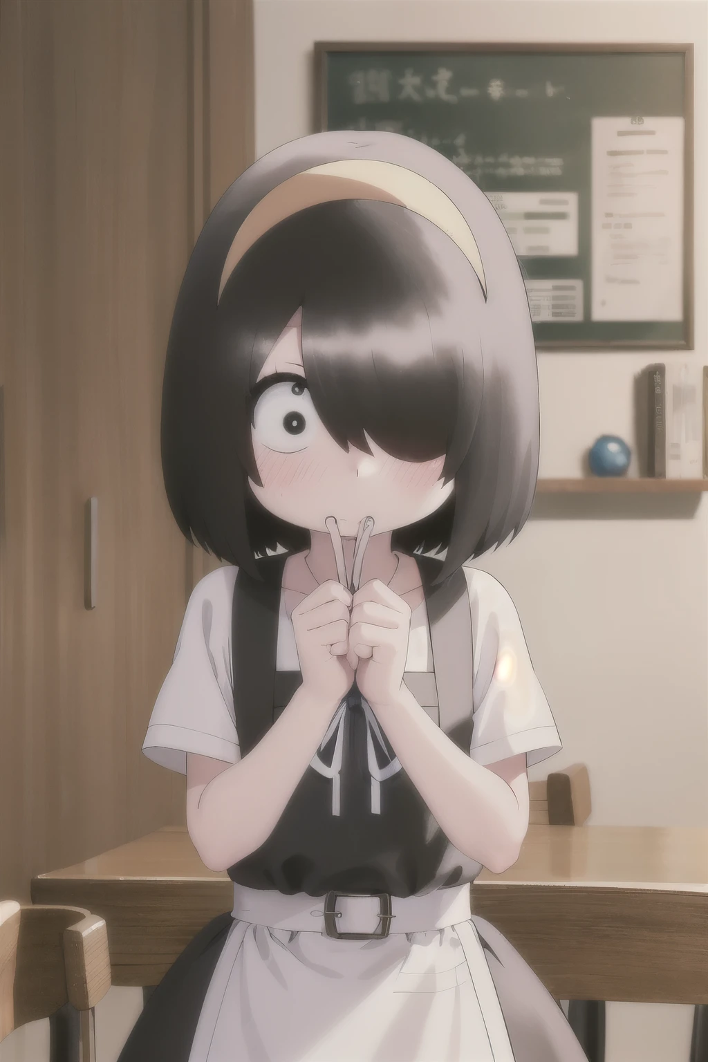 Nishimura Akane,a bit_girl,,,Hair on one eye,Medium Hair,Black Hair,apron_dress,ribbon,Embarrassing,(blush:1.2),shy,full_shot,Looking_in_Audience,