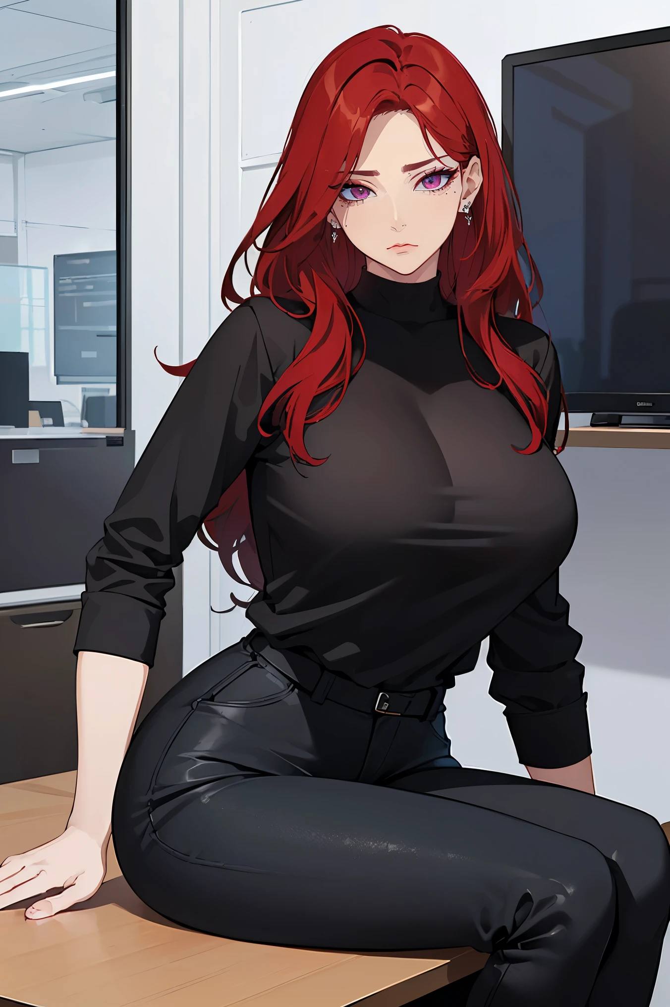 (Uhd, Masterpiece, Textured Skin, Super Detail, High Details, High Quality, Best Quality), Detailed Face, 1woman, mature pretty woman, Long red hair, (Black crop shirt), (black pants), (Huge Body:1.5, tall), sitting on a chair behind a office table, (Low-sized breasts), (Office room)