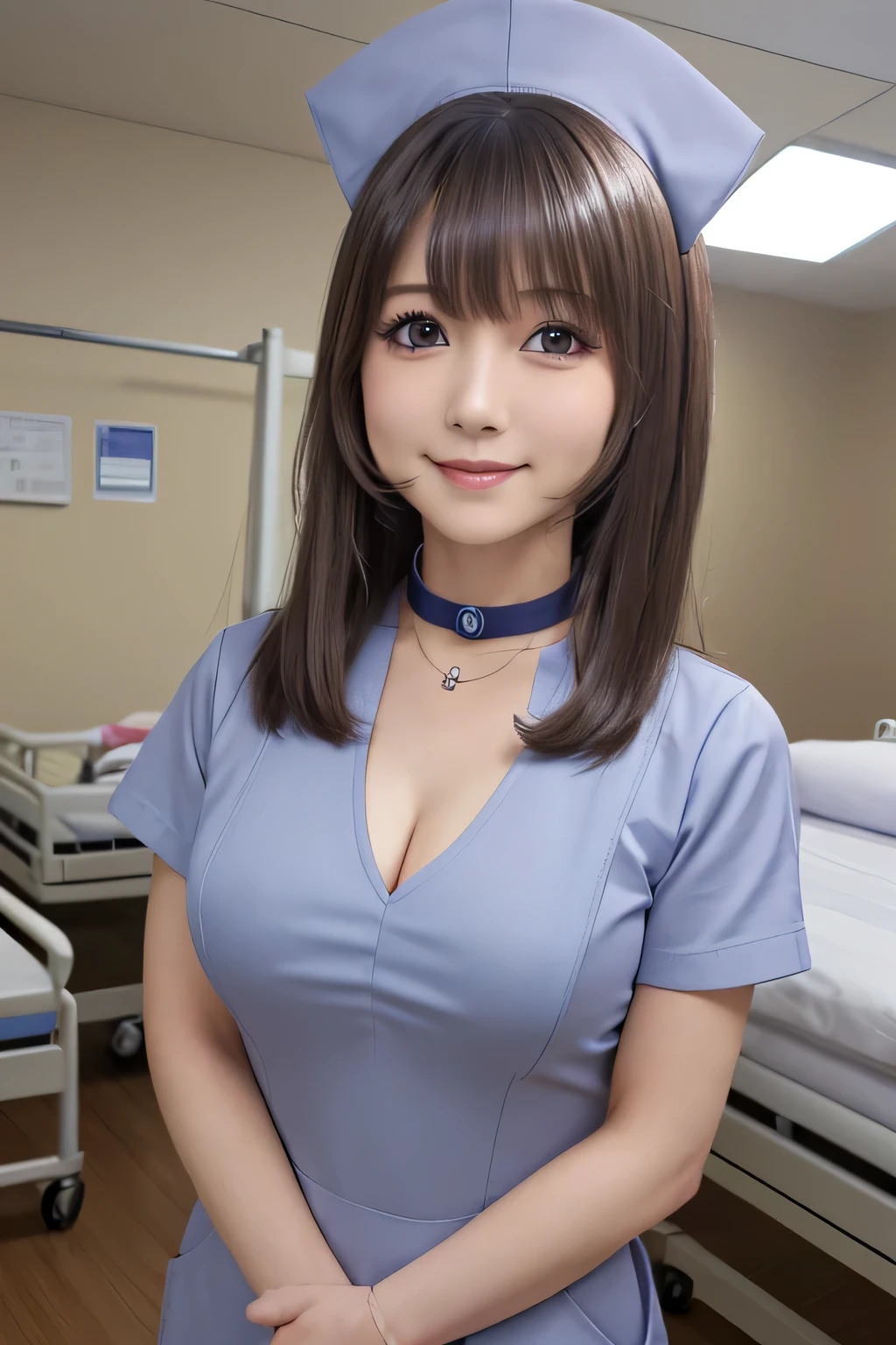 (Highest quality, masterpiece:1.3, Ultra-high resolution), (Very detailed), (Realistic:1.4, RAW shooting), ((nurse:1.2)), ((the body is slim)), girl, Japanese, cute, Straight Hair, Big Breasts, Turn your body forward, (View from the front:1.1), Looking into the camera, focused on the chest, Light brown hair, ((Black Choker)), Very long and bushy eyelashes, blue eyes, bangs、 ((Wicked Smile)), ((Full body portrait)), Hospital room