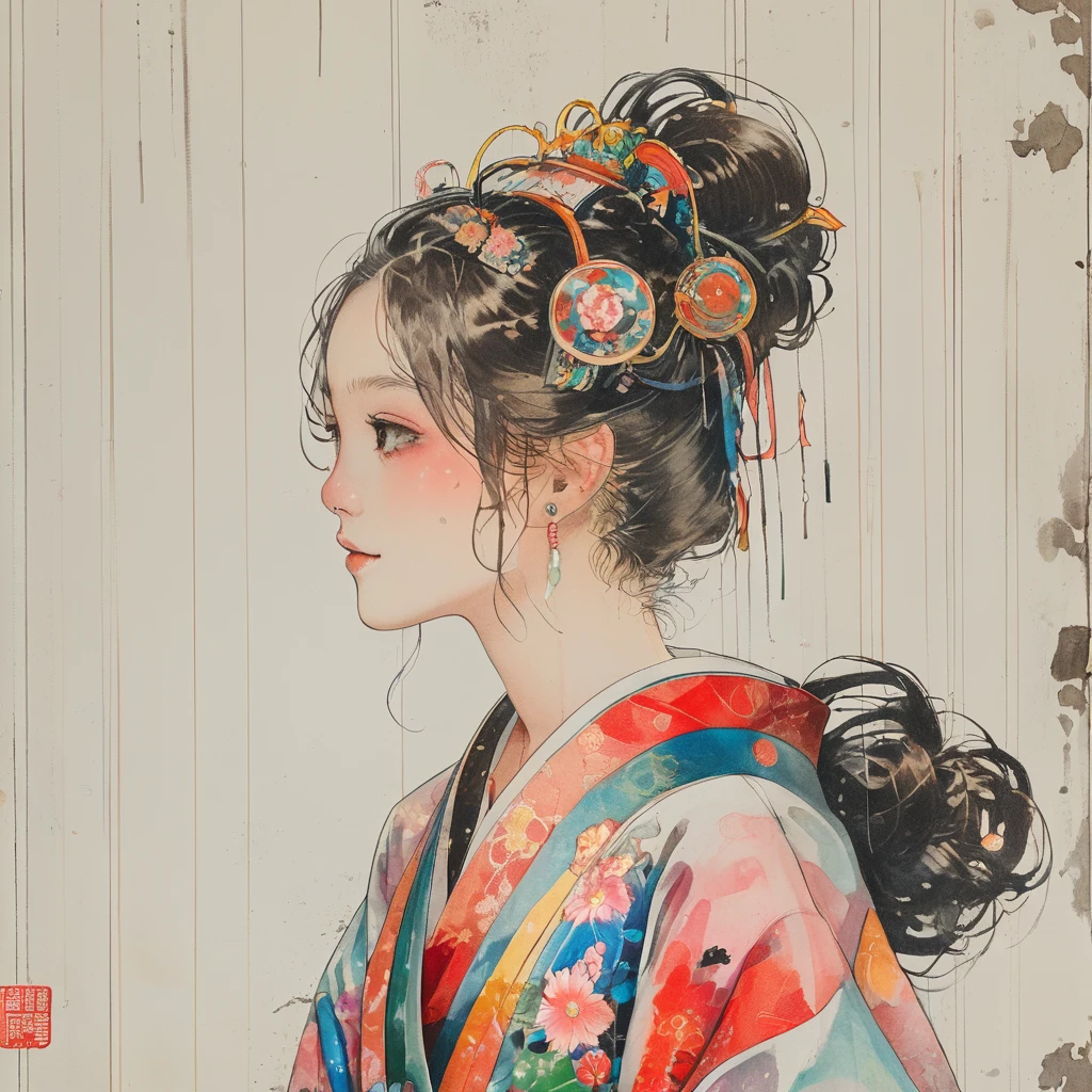 (Background, symmetrical, Compositions with colorful geometric arabesque patterns):1.3, (hair bun, single braid, dark brown hair), (top-quality, very detailed illustration), (1woman:1.3, solo), (japanese kimono), (ultra delicate face, ultra Beautiful fece, ultra delicate eyes, ultra detailed nose, ultra detailed mouth, ultra detailed facial features), (dress, off-shoulders), (medium breast:1.3), from the front side, slender body:0.8, lipgloss, (smiling:0.8