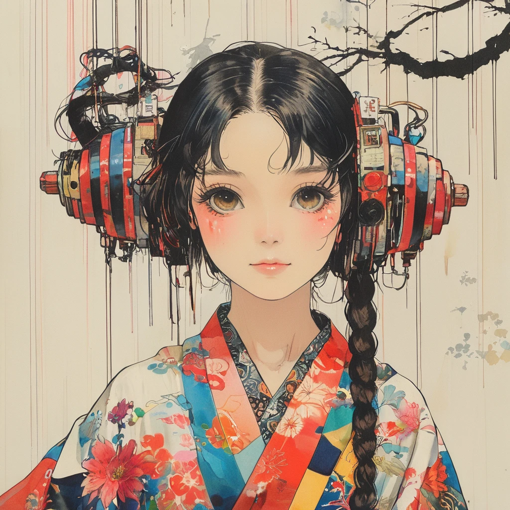 (Background, symmetrical, Compositions with colorful geometric arabesque patterns):1.3, (hair bun, single braid, dark brown hair), (top-quality, very detailed illustration), (1woman:1.3, solo), (japanese kimono), (ultra delicate face, ultra Beautiful fece, ultra delicate eyes, ultra detailed nose, ultra detailed mouth, ultra detailed facial features), (dress, off-shoulders), (medium breast:1.3), from the front side, slender body:0.8, lipgloss, (smiling:0.8