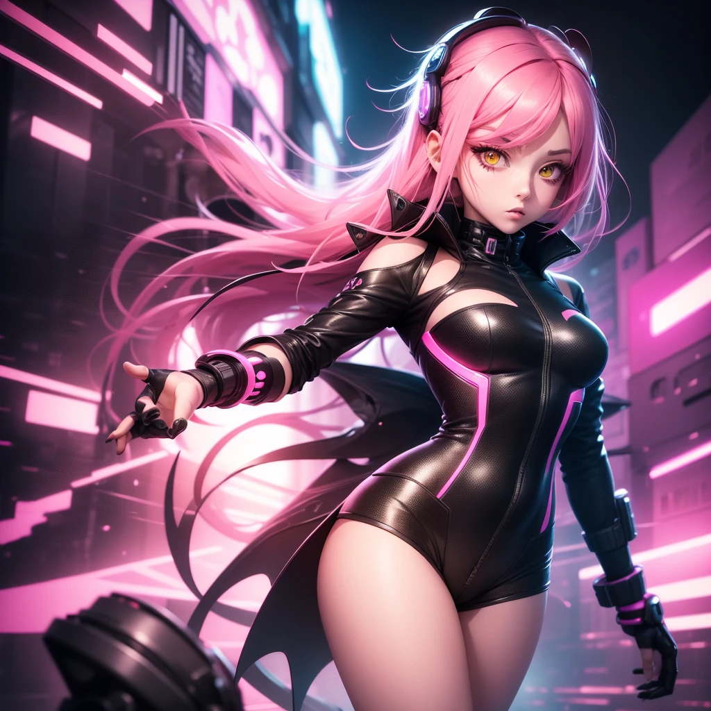 Lonely Android Girl with pink hair in a pink suit with small yellow elements woman half cyborg modification Sad Beautiful sexy with bright yellow eyes stands at full height with a half turn sideways Anime Style black background Cyberpunk style, Sexy thighs, black background image of night black city and pink neon lights