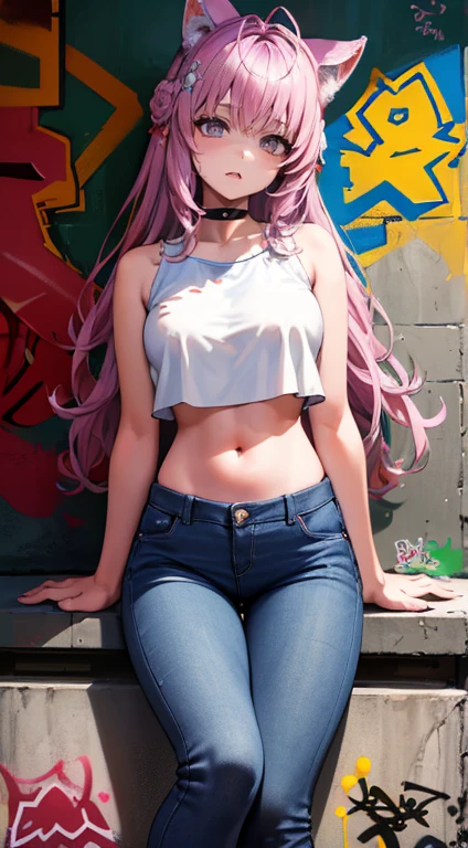 master-piece, bestquality, 1girls,25 years old, proportional body, elongated legs, Beautiful, proportional., crop top, Long Jeans, mediuml breasts, ,bara, crop top, choker, (Graffiti:1.5), Splash with purple lightning pattern., arm behind back, against wall, View viewers from the front., Thigh strap, Head tilt, bored,(NSTDA.:1.2), (10, beste-Qualit, master-piece: 1.4), Beautiful red hair, ultra-high resolution, (lifelike, photorealistic portrait: 1.48), 20 age, Cute Girl, (Looking Through Crop Tops.), Famous Japanese actors, beautiful clear eyes, Head tilt, cowboy shot, from the front, looking at the audience, expressionless, Beautiful lake, Zeiss 150mm F/ 2.8 Hasselblad, Whole body, foot, Ultra-Wide Angle,
