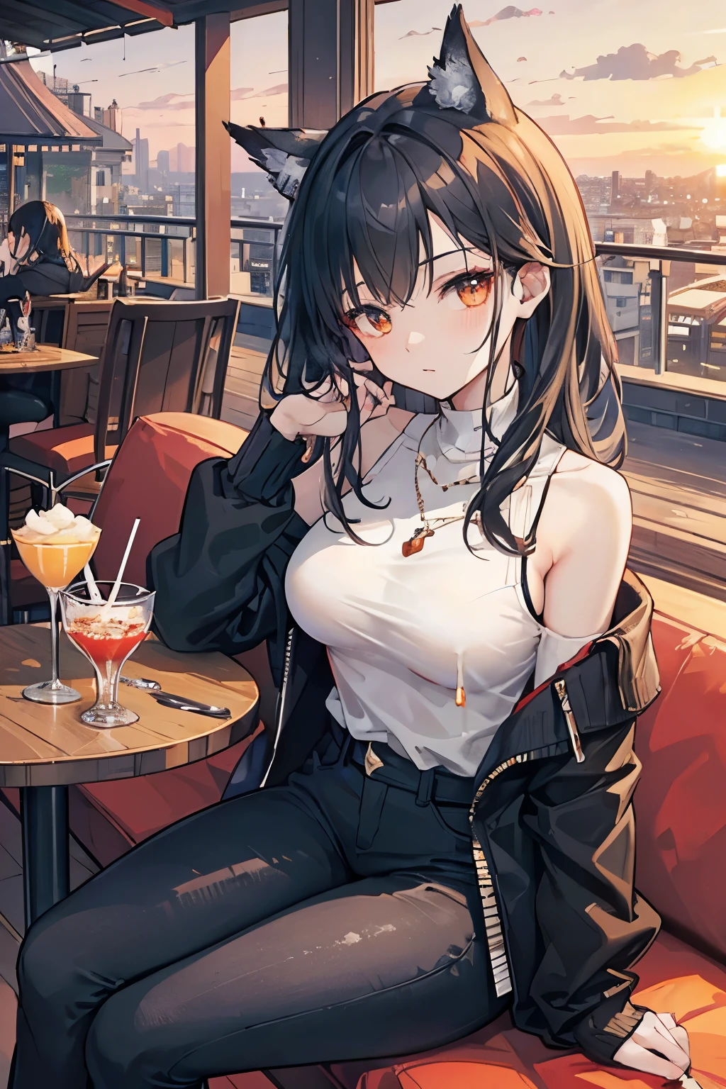 Various chocolate candies, peanuts and various nuts, drinks with cream and juices, cafe bar with open terrace, sunrise view in a city, girl with shoulder length black hair, black off shoulder sweater and black jeans pants.