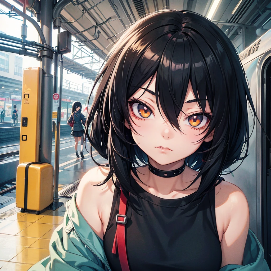 girl similar to gorillaz noodle, long black straight hair ((drawing)), ((anime girl nose)), tied to the train, comical image, funny