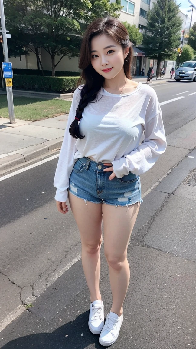  Wearing a white shirt， girl, （tight top：1.5），close your mouth and smile，legs long，Skinny super shorts，White skin of the，high high quality，4K, Face-to-face audience, 1 plump girl，hair tying up，at the street side，（Bring your legs together：1.5），with a round face， 32 inches in the chest, (sexy pose),(standing pose) ,(full body shot)、Chest 32 inches, ,Stand on the grass and take pictures