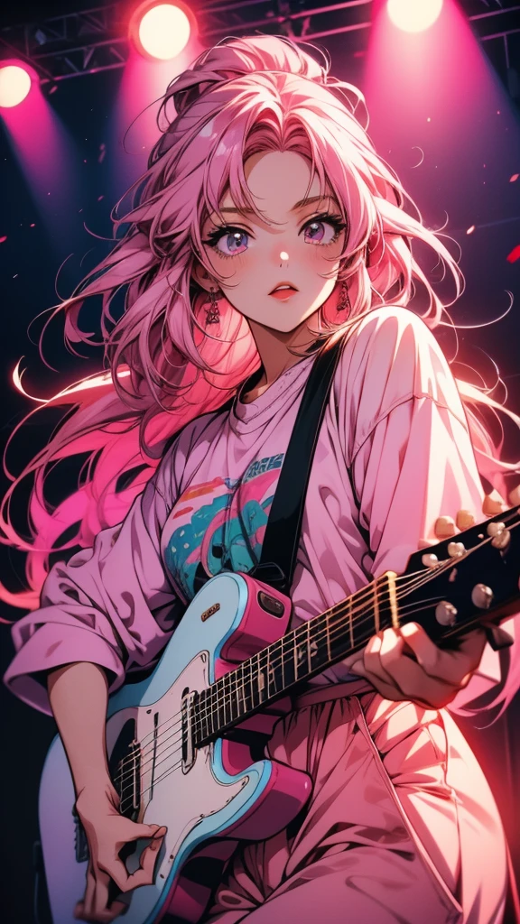 Pink haired anime girl playing guitar in front of a microphone, artwork in the style of Gwaiz, Painted in an anime artist's studio, Created by Anime Painter Studio, Realistic Anime 3D Style, Nightcore, Anime Moe Art Style, High quality anime art style, Gwaiz, Anime atmosphere, Clean and detailed anime style, Anime Styleイラスト, Anime Style
