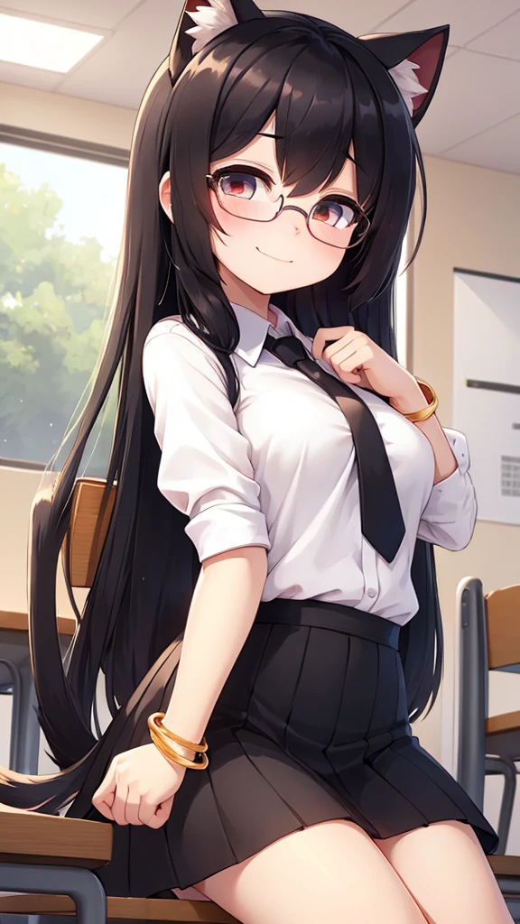 (young :1.6),1 girl,black long hair,black cat ears,black cat tail,small breasts,white shirt,black necktie,black mini skirt,classroom,sparkle light,gold light,morning,glasses,cute bracelet,ribbon hair ornament,full face blush,looking at viewer,passionate face,smilesquinting eyes,heart eyes,hand at breasts,sit on chair,low angle