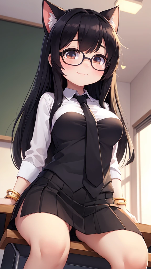 (young :1.6),1 girl,black long hair,black cat ears,black cat tail,small breasts,white shirt,black necktie,black mini skirt,classroom,sparkle light,gold light,morning,glasses,cute bracelet,ribbon hair ornament,full face blush,looking at viewer,passionate face,smilesquinting eyes,heart eyes,hand at breasts,sit on chair,low angle
