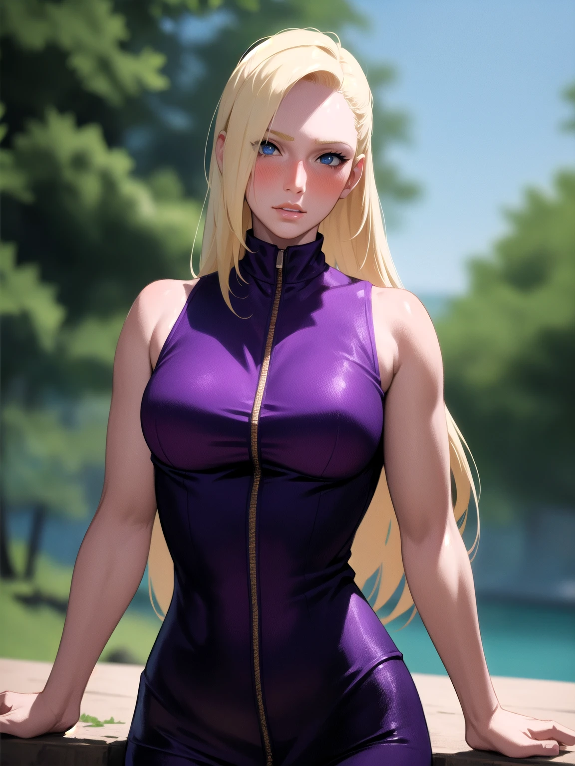 {-erro_de_anatomia:1.0} estilo anime, Masterpiece, absurdities, Yamanaka Ino\(Naruto\), 1girl Solo, woman, Perfect composition, Detailed lips, Beautiful face, body proportion, Blush, Long blonde hair, blue eyes, purple blouse, purple pant, Soft gauze, Super realistic, Detailed, photo shoot, Realistic faces and bodies, masterpiece, best quality, best illustration, hyper detailed, 1 woman, solo, glamorous, blushing, upper body, fighting, on nature, look at the view, dimanic poses