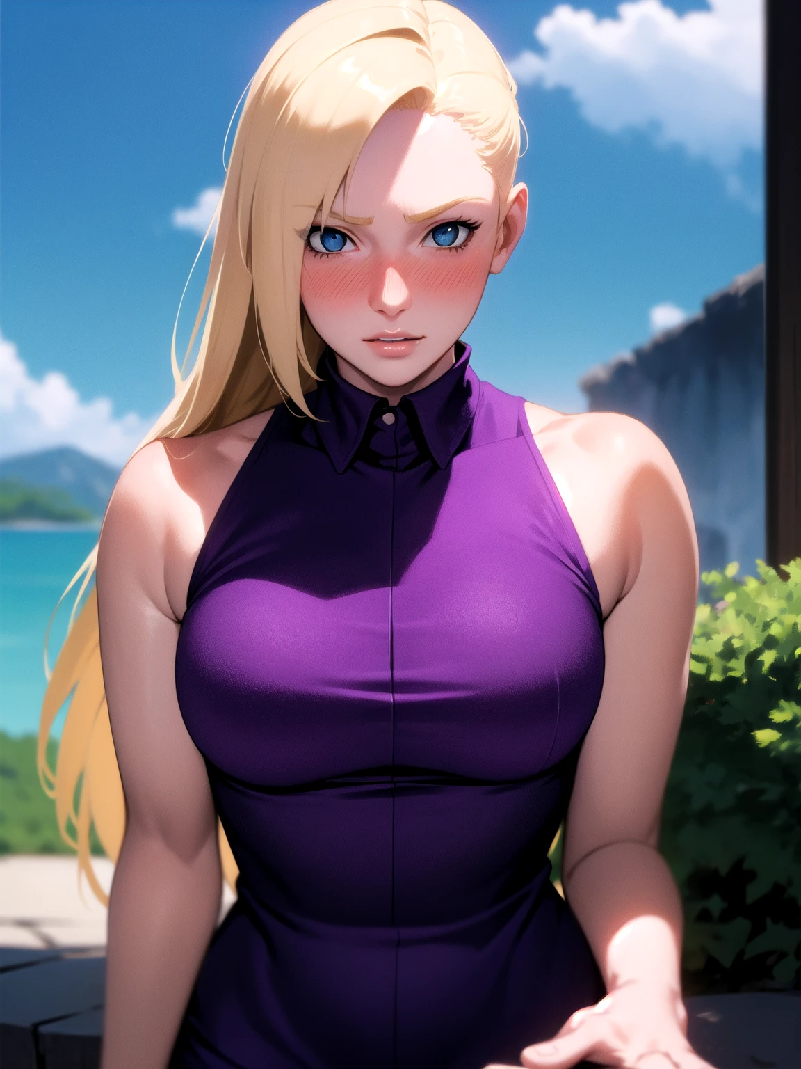{-erro_de_anatomia:1.0} estilo anime, Masterpiece, absurdities, Yamanaka Ino\(Naruto\), 1girl Solo, woman, Perfect composition, Detailed lips, Beautiful face, body proportion, Blush, Long blonde hair, blue eyes, purple blouse, purple pant, Soft gauze, Super realistic, Detailed, photo shoot, Realistic faces and bodies, masterpiece, best quality, best illustration, hyper detailed, 1 woman, solo, glamorous, blushing, upper body, fighting, on nature, look at the view, dimanic poses