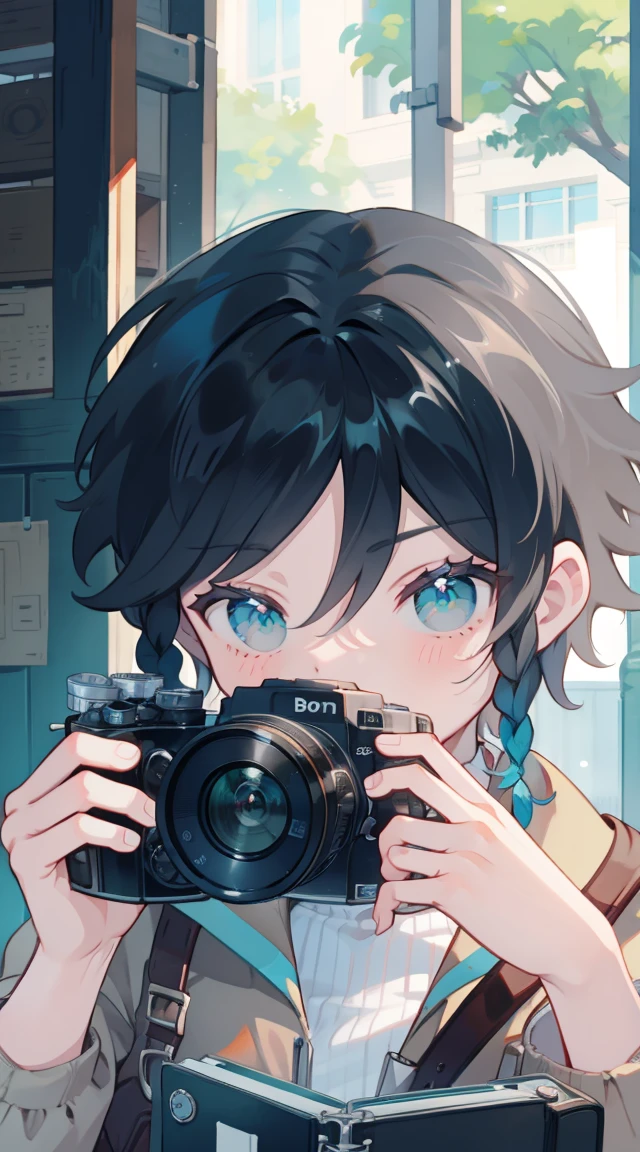 Handsome boy holding a camera taking pictures