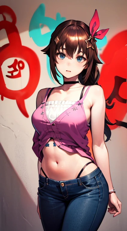 master-piece, bestquality, 1girls,25 years old, proportional body, elongated legs, Beautiful, proportional., crop top, Long Jeans, mediuml , ,bara, crop top, choker, (Graffiti:1.5), Splash with purple lightning pattern., arm behind back, against wall, View viewers from the front., Thigh strap, Head tilt, bored,(NSTDA.:1.2), (10, beste-Qualit, master-piece: 1.4), Beautiful red hair, ultra-high resolution, (lifelike, photorealistic portrait: 1.48), 20 age, Cute Girl, (Looking Through Crop Tops.), Famous Japanese actors, beautiful clear eyes, Head tilt, cowboy shot, from the front, looking at the audience, expressionless, Beautiful lake, Zeiss 150mm F/ 2.8 Hasselblad, Whole body, foot, Ultra-Wide Angle,