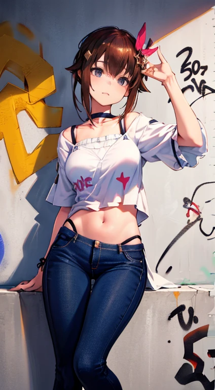 master-piece, bestquality, 1girls,25 years old, proportional body, elongated legs, Beautiful, proportional., crop top, Long Jeans, mediuml breasts, ,bara, crop top, choker, (Graffiti:1.5), Splash with purple lightning pattern., arm behind back, against wall, View viewers from the front., Thigh strap, Head tilt, bored,(NSTDA.:1.2), (10, beste-Qualit, master-piece: 1.4), Beautiful red hair, ultra-high resolution, (lifelike, photorealistic portrait: 1.48), 20 age, Cute Girl, (Looking Through Crop Tops.), Famous Japanese actors, beautiful clear eyes, Head tilt, cowboy shot, from the front, looking at the audience, expressionless, Beautiful lake, Zeiss 150mm F/ 2.8 Hasselblad,  Whole body, foot, Ultra-Wide Angle,