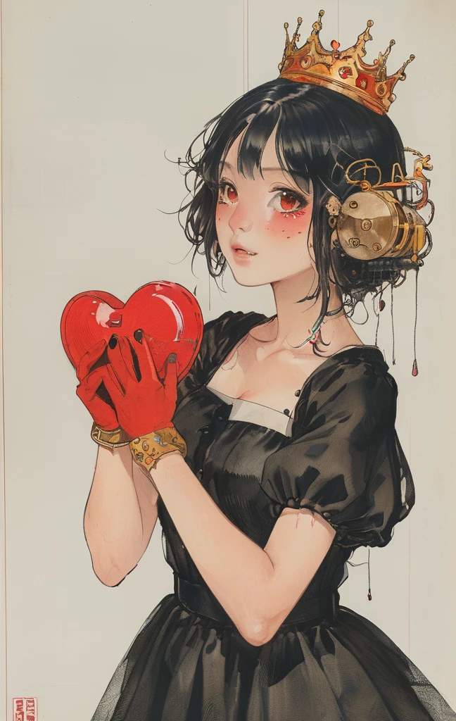 masterpiece, best quality, 1girl, gloves, solo, tongue, red background, black gloves, tongue out, long hair, elbow gloves, bangs, puffy sleeves, open mouth, grey hair, short sleeves, looking at viewer, hands on own face, upper body, blunt bangs, puffy short sleeves, colored tongue, heart, black dress, dress, hands on own cheeks, red eyes, facial mark, crown, simple background, tattoo, string, teeth, halftone