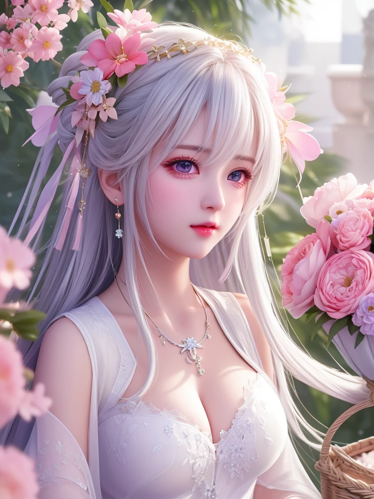 ((masterpiece, best quality)), 1 Girl, flower, Solitary, skirt, Keep, Sky, cloud, have, outdoor, Bangs, flower束, Rose, Poker face, blush, Pink Hair, flower field, red flower, Pink Eyes, white skirt, Looking at the audience, Medium-length hair, Keep flower, Small Breasts, red Rose, Keep flower束, sun have, White headdress, Depth of Field,16K HD quality，high quality