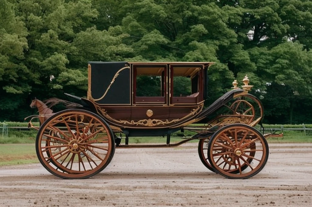 there is a horse drawn carriage that is parked in the dirt, carriage, chariot, regency-era, looking regal and classic, 1894, carriages with horses, victoriana, 1 8 9 6, 1896, 15, 1 5, in style 19 century, elegant and ornate, 1904