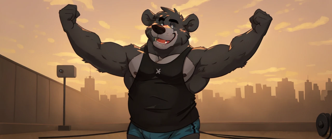 ((masterpiece, best quality)),solo, 1bear, solo, baloo, huge thick muscular, black gym shorts, black tank top, black eyes, furry, bear, no humans, gymnasium, cable crossover machine set, pulling the cables, growling and grunting, being super strong