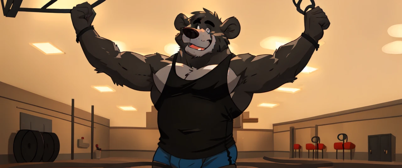 ((masterpiece, best quality)),solo, 1bear, solo, baloo, huge thick muscular, black gym shorts, black tank top, black eyes, furry, bear, no humans, gymnasium, cable crossover machine set, pulling the cables, growling and grunting, being super strong