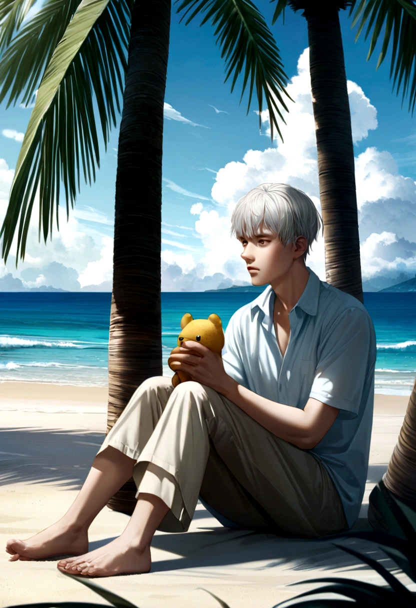 Man 20 years old long white hair thoughtful with a stuffed animal in his hands , sitting on the beach with palm trees ,looking at the beach fully HD , anime ,hyperrealistic