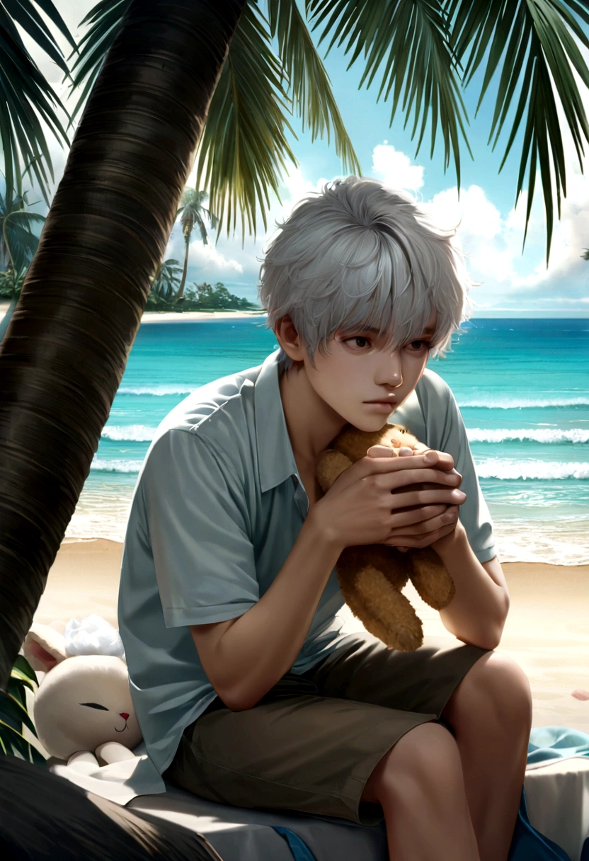 Man 20 years old long white hair thoughtful with a stuffed animal in his hands , sitting on the beach with palm trees ,looking at the beach fully HD , anime ,hyperrealistic