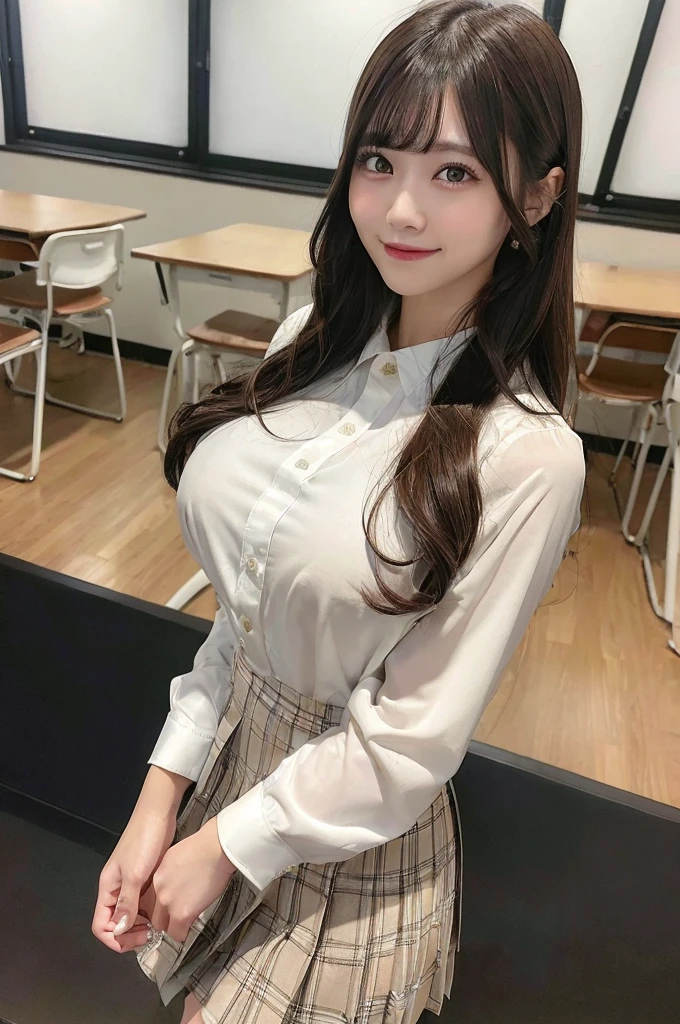 ((1 girl)), ((Best Quality)), ((Ultra-detailed)), ((High resolution)), (8K Wallpaper), ((Perfect dynamic composition)), Realistic, Indoors, In the classroom, A blackboard and some tables, ((Cinematic lighting)), Solo, Cowboy shot, Japanese girl, Wavy long hair, Bangs, Brown hair, ((Beautiful detailed eyes)), , (Dress shirt:1.4), White shirt, ((Large breasts)), (Huge breasts), Short sleeve, Navy pleated skirt, Short skirt, Standing, Seductive pose, Smile, (Looking at viewer)